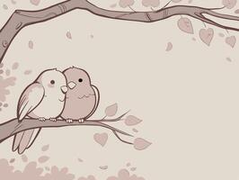 Two lovebirds share a moment on a cherry blossom branch, framed by soft pink hues that transition into a neutral background with space for text. vector