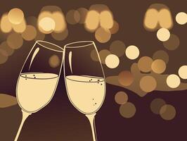 Two elegant champagne glasses clinking in celebration, surrounded by soft, glowing bokeh lights. The warm, blurred background allows room for a romantic message. vector