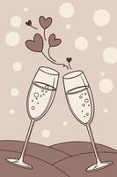 Two stylish champagne flutes gently clink together, bathed in the soft radiance of glowing bokeh, while the warm, blurred backdrop leaves space for a romantic message. vector