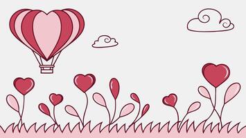 A collection of glossy heart-shaped balloons in shades of red and pink floating serenely in a pastel-toned sky, offering a light and romantic feel with central copyspace vector