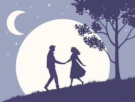 Two lovers stand close beneath a shining full moon, their hands entwined, while the gradient sky transitions into calming shades of blue and purple, offering space for a message. vector