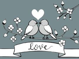 A pair of cute lovebirds sitting on a cherry blossom branch, with subtle pink hues blending into a neutral background, leaving space for a romantic greeting. vector