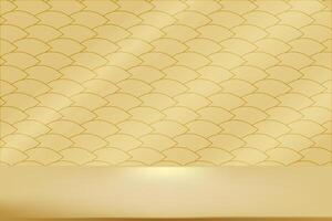 Background image designed with snake scales in golden geometric pattern, with a stand for product placement for presentation. Chinese New Year, Lunar New Year. vector