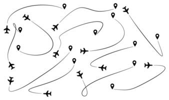 Airplane Flies to Destination. Set of different Flights in Pin. Line path of flying Transport. Route to point, navigation, Lane in sky. Icons and outline. Travel, trip, movement. illustration vector