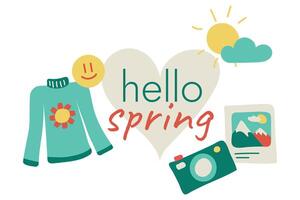 Hello Spring, seasonal symbols. Set of Springtime objects - photos, camera, sweater. Emoji, sun and cloud. Message. Long-sleeved clothes with flower. Children drawing, hand-drawn. illustration vector