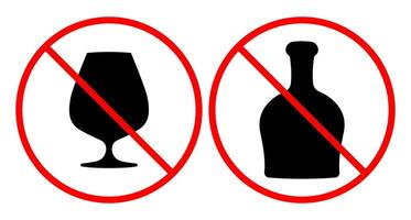 Set of Prohibited alcohol consumption sign. illustration symbol of cognac bottle and symbol of glass with red prohibition circle, symbolizing no drinking allowed vector