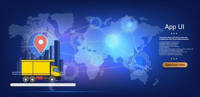 Delivery truck navigating a global map with app user interface elements displayed prominently. vector