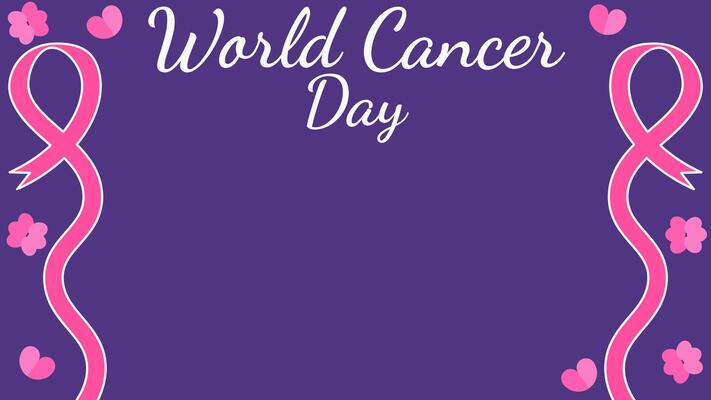 World cancer day horizontal background. Purple color cancer day banner with ribbon, love and flowers. Place for text. Illustration in flat design style