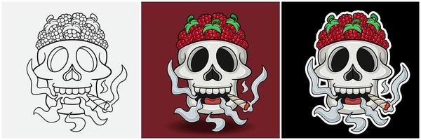Raspberry Fruit Inside Skull Head With Smoking Character Cartoon. Black White, Colorful and Sticker Style vector
