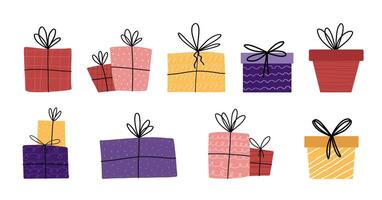Big set with gifts. Cute hand drawn elements isolated on white background. Illustration with texture and line bows. vector