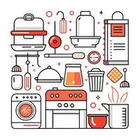 kitchen appliances and utensils line icon set vector