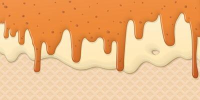 Salted caramel pouring on melted vanilla ice cream with ice cream cone texture background graphic illustration have blank space. vector