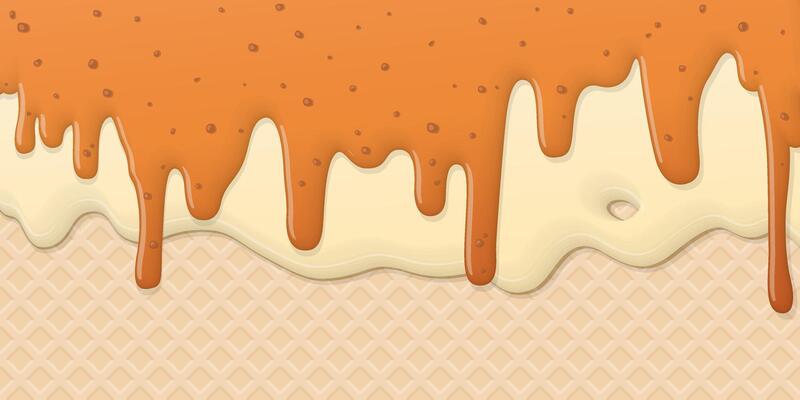 Salted caramel pouring on melted vanilla ice cream with ice cream cone texture background graphic illustration have blank space.