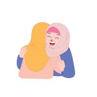 Two Muslim women hugging warmly, symbolizing forgiveness and joy during Eid al-Fitr celebration. vector