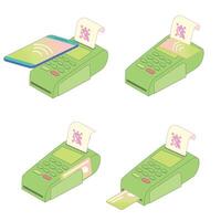 Isometric POS terminals, credit card, mobile NFC payment, online transaction set in flat design bundle. vector