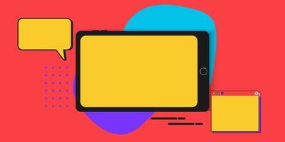 pop art background with tablet mockup and speech bubbles and a phone vector