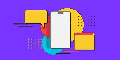 an illustration of a smartphone mockup with speech bubbles on pop art style vector