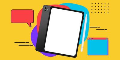 a smartphone with a blank screen and a tablet on pop art style background vector
