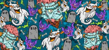 Zombie brain and Ghost Halloween graffiti style illustration. Vibrant and colorful Zombie theme of graffiti art background vector