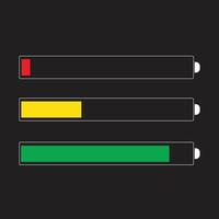 Minimalist Battery Indicators with Color-Coded Progress Bars on Dark Background vector