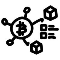 Bitcoin symbol connected to multiple nodes and sending out data packets, symbolizing blockchain technology and cryptocurrency transactions. Perfect for educational materials vector