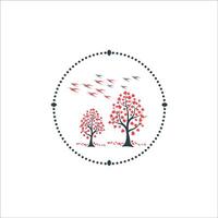 Serene Illustration of Heart Leaf Trees and Abstract Birds in Flight vector