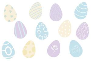 Easter egg set in pastel colors with striped pattern, stars, circles vector