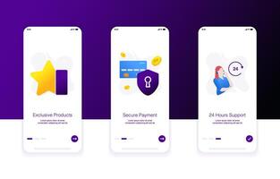 e-commerce onboarding screen. Exclusive product, secure payment, 24 hours customer support vector