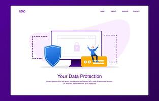 cheerful man sitting on the external hard disk with monitor and shield vector