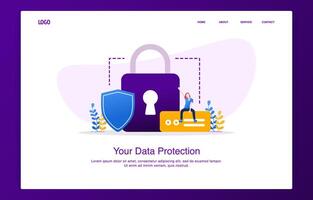 cheerful woman sitting on the external hard disk with padlock and shield vector