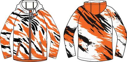 A design for an athletic windbreaker, showcasing tiger stripes in orange and white with black accents on the front panel. vector