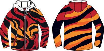 Design of a track and field jacket with a tiger stripes pattern in a color scheme of red, orange, and black on a white background. vector