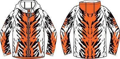 design of an orange and black tiger-stripe pattern on the front, back, and sleeves of a hooded jacket with a white background. vector