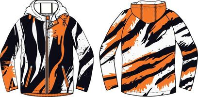 A design for an athletic windbreaker, inspired by tiger stripes and an orange color scheme. vector