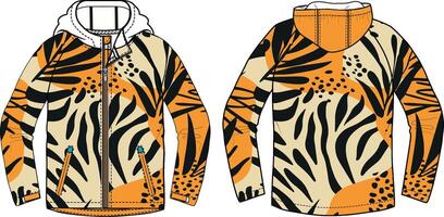 design of a tiger-striped hoodie, front and back view, on a white background, vector