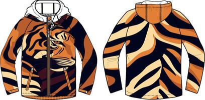Tiger Stripe Hoodie Design Template, front and back view of the jacket with hood isolated on a white background vector