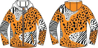 Design a vectorized hoodie with a tiger stripe pattern, showing front and back views. vector