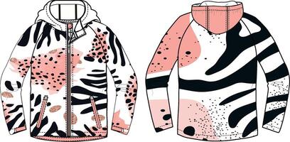 Fashion sketch of an oversized hoodie with zebra print and pink accents, front view and back view, white background, vector