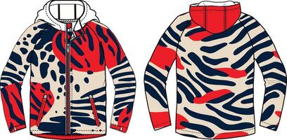 A hoodie design with bold brushstrokes and an abstract pattern, featuring green, pink, orange, and white colors on both sides of the jacket. vector