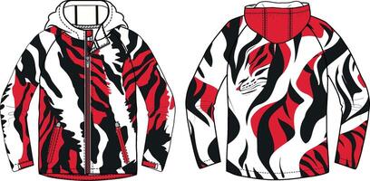 The pattern is made up of black stripes in red and white colors. A graphic hoodie that has a zebra skin pattern vector