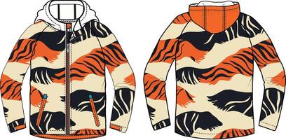 design of tiger stripe pattern in orange and black, for a sports jacket with a hood, vector