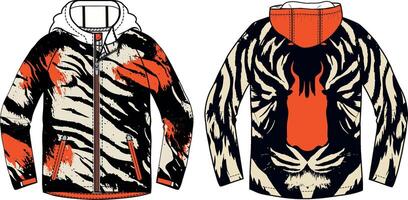 design of tiger stripes and spots pattern on a hoodie, front view with the hood up and back view with no hood, vector