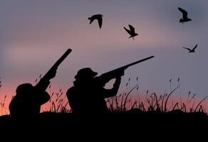Hunter with dog and rifle hunting at dawn vector