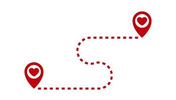 Two red markers with hearts inside, connected by a dashed line. The line curves, connecting the path between the two points. Design for Valentine's Day. 14 February. Love and warmth vector