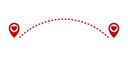 Two red markers with hearts inside, connected by a dashed line. The line curves, connecting the path between the two points. Design for Valentine's Day. 14 February. vector