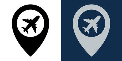 Point location with plane silhouette inside. Pointer of the airport location map. Icon for design of air travel, travelling, navigation or transport. Aviation transport and travel planning. vector
