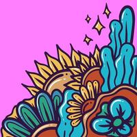 A vibrant and whimsical doodle featuring a variety of colorful flowers and a sun. The artwork is created in a cartoon style and has a cheerful and optimistic vibe. vector