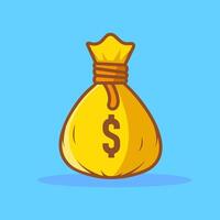 A vibrant and cartoon-style illustration of a yellow money bag tied with a brown string, featuring a dollar symbol on its surface. vector
