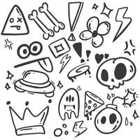 A collection of black-and-white hand-drawn doodles featuring various playful elements, such as skulls, bones, lightning bolts, pizza slices, a ghost, a bomb, a crown, stars, and geometric shapes. vector