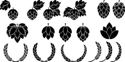 Hop cone with leaves and wreath wheat stencil set icon Craft beer pub brewery vector